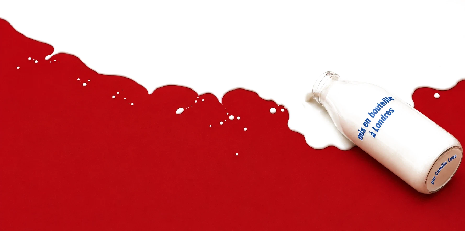 A glass bottle of milk lying on its side in a spilt pool of milk, labelled &ldquo;mis en bouteille &agrave; Londres&rdquo;